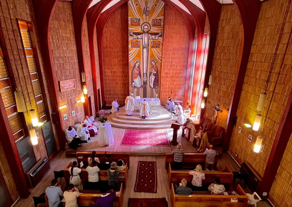 Church interior, overhead view.
